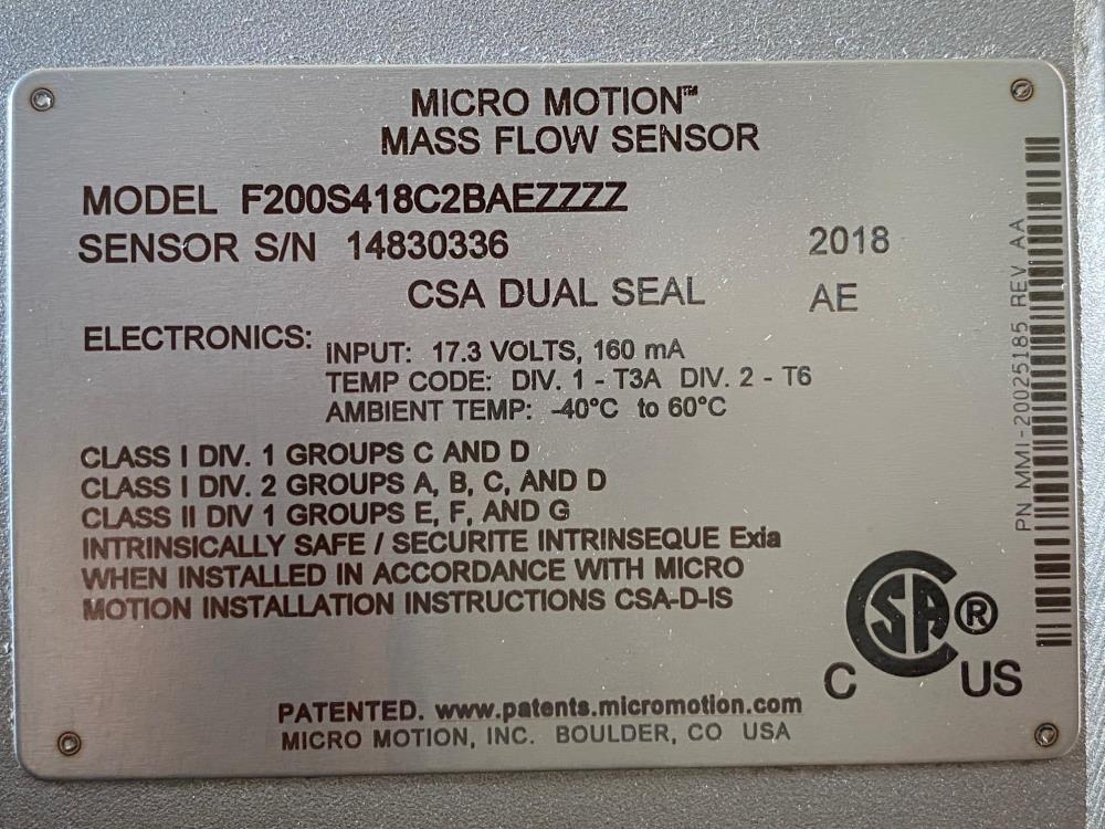 Micro Motion 2" x 1-1/2" 150# 316 Stainless Flow Meter F200S418C2BAEZZZZ (Q)